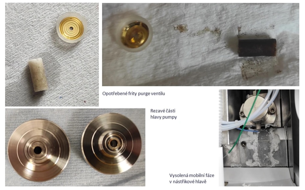 Opotřebení části HPLC systému jako jsou frity purge ventilu, rezavé části hlavy pumpy nebo vysolená mobilní fáze v nástřikové hlavě